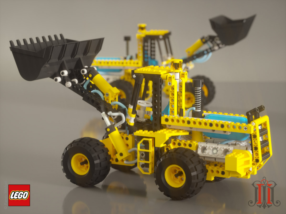 Визуализация 3d-модели фронтального колесного погрузчика из конструктора LEGO (LEGO 8439 Power Machine With Pneumatic Tank/Front End Loader